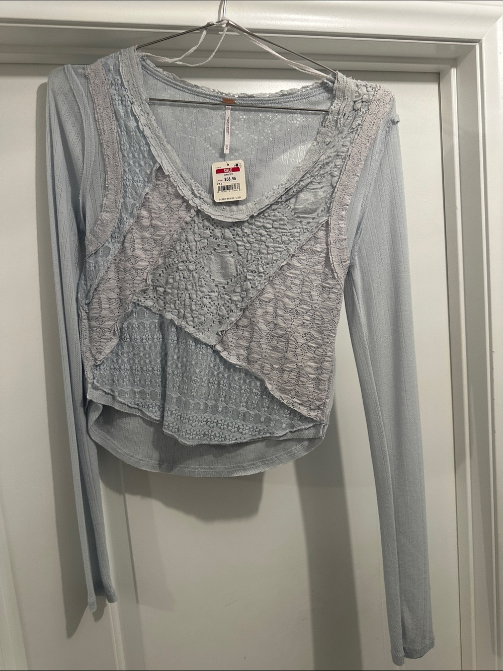 Free People Pale Blue Lace Panel Long Sleeve Top